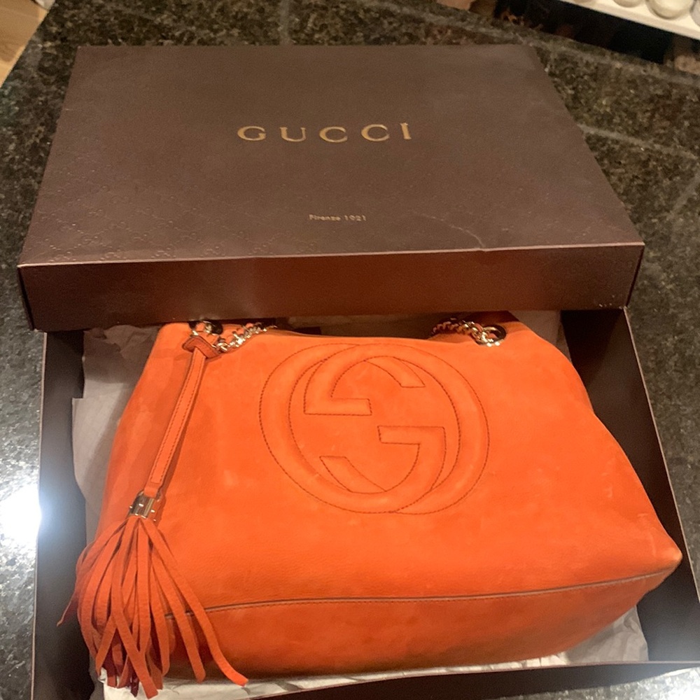 Authentic Gucci Soho Chain Strap Shoulder Bag Nubuck Medium